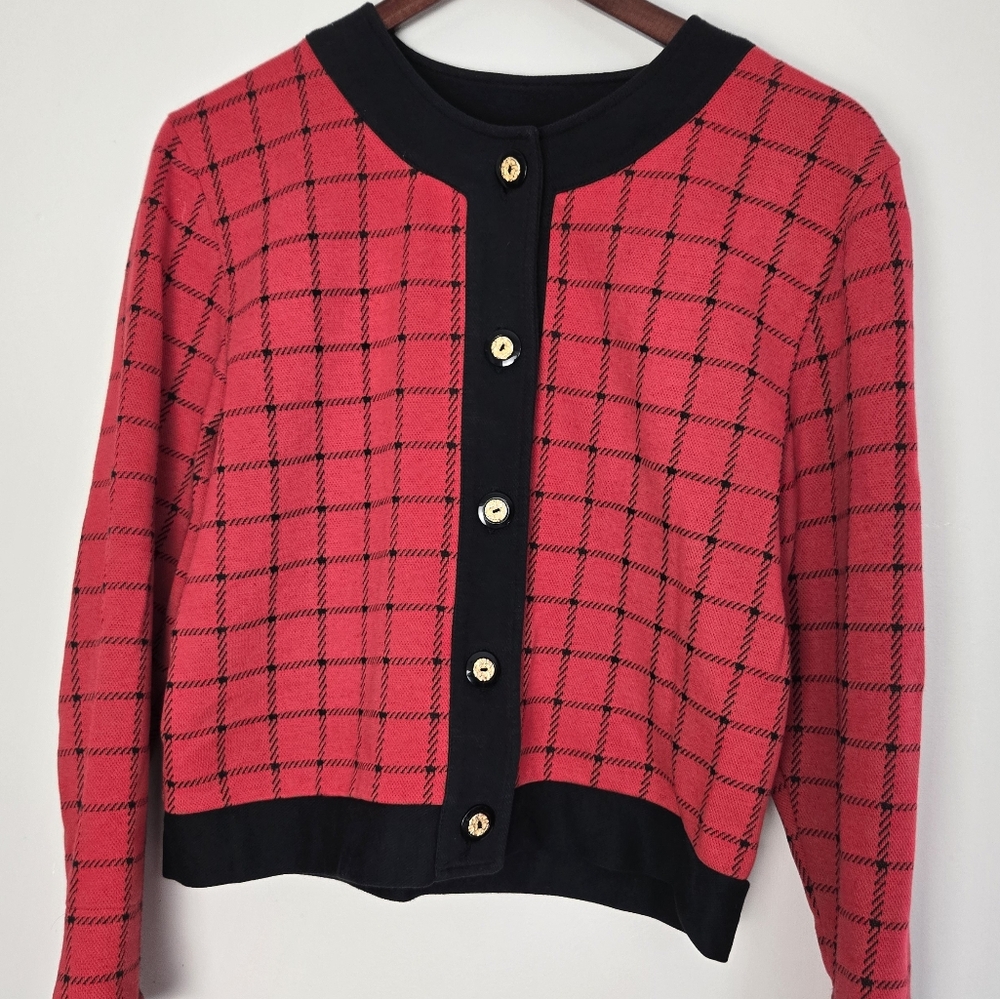 Red and Black Plaid Cardigan with Gold Buttons